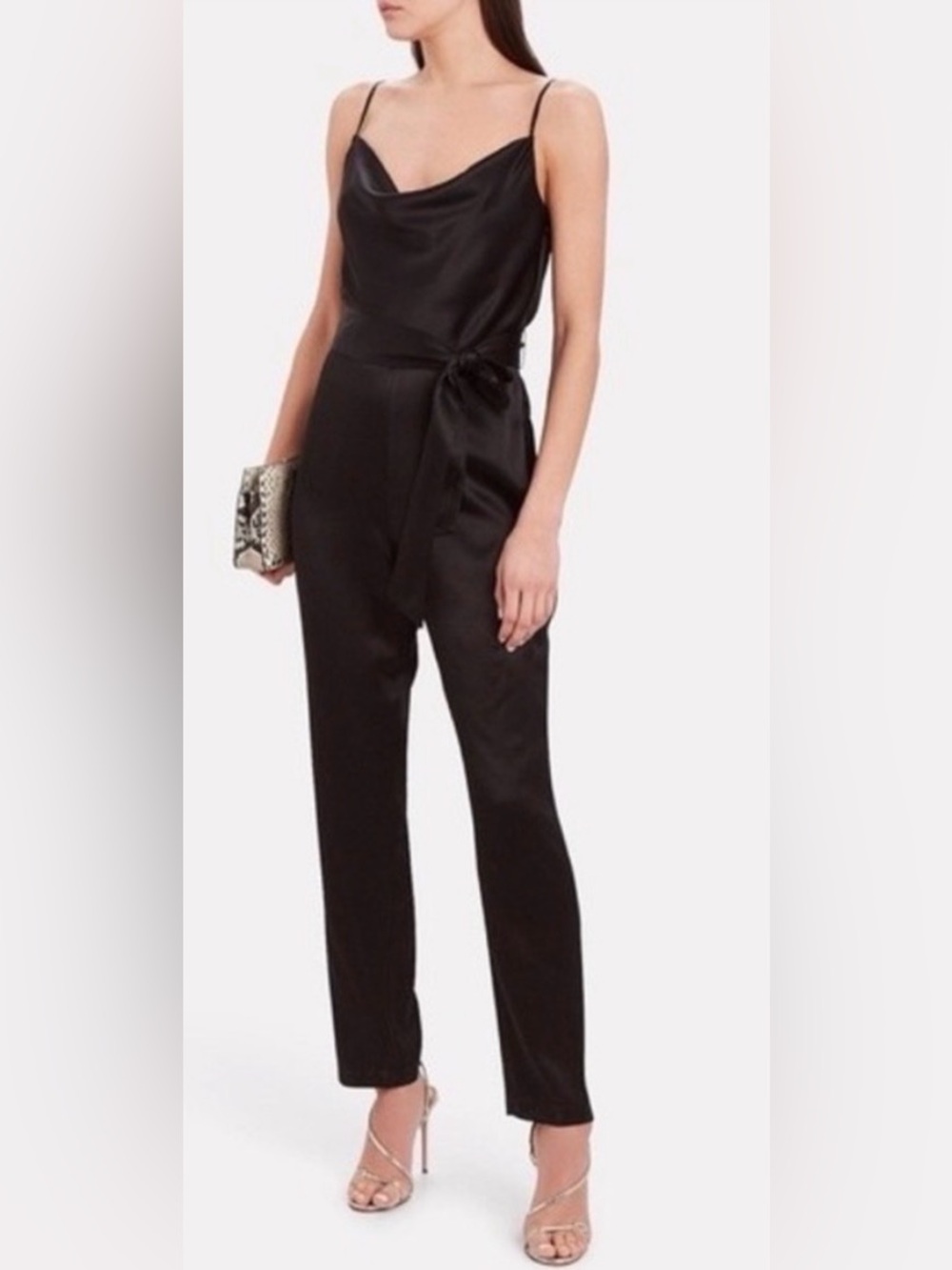 Intermix Maria 100% Silk Cowl Neck Wide Leg Jumpsuit Size 8 Black